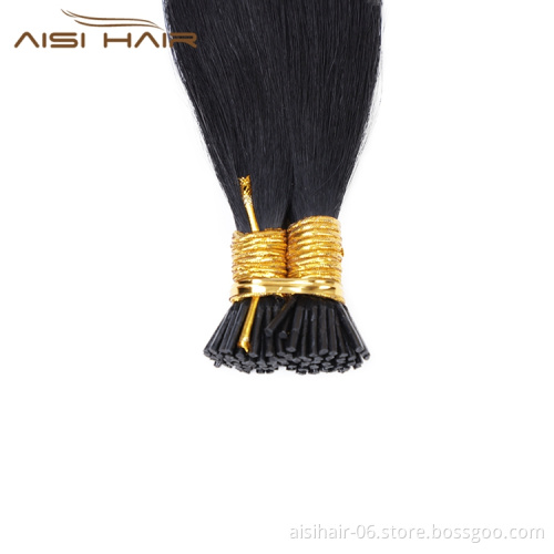 Aisi Hair 10A Unprocessed Silky Straight Human Hair Double Drawn 18 Inch Pre Bonded Black I-Tip Human Hair Extensions